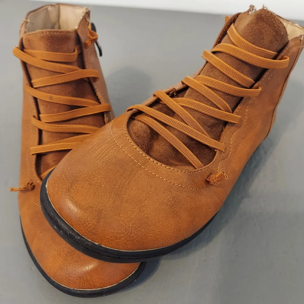 Brown Faux Leather Ankle Boots